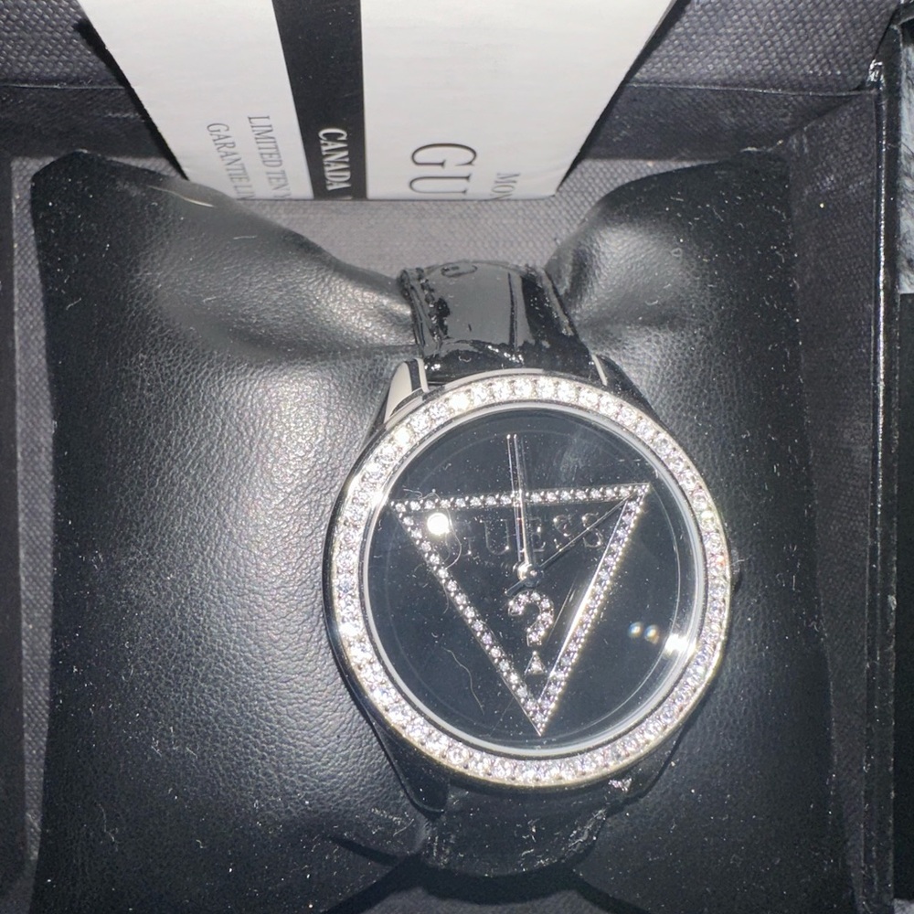 Vintage Guess Black and Silver Watch with Crystal Accents